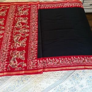Black and Red Elephant Print Saree with Gold Accents